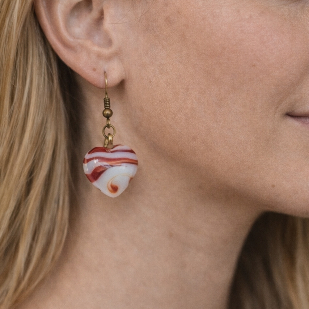 Handmade Red & White Swirl Glass Heart Earrings – Romantic Artisan Dangles